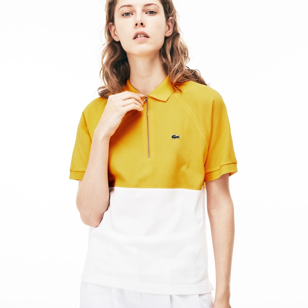 LACOSTE Colorblock Cotton Zipper Polo Yellow White